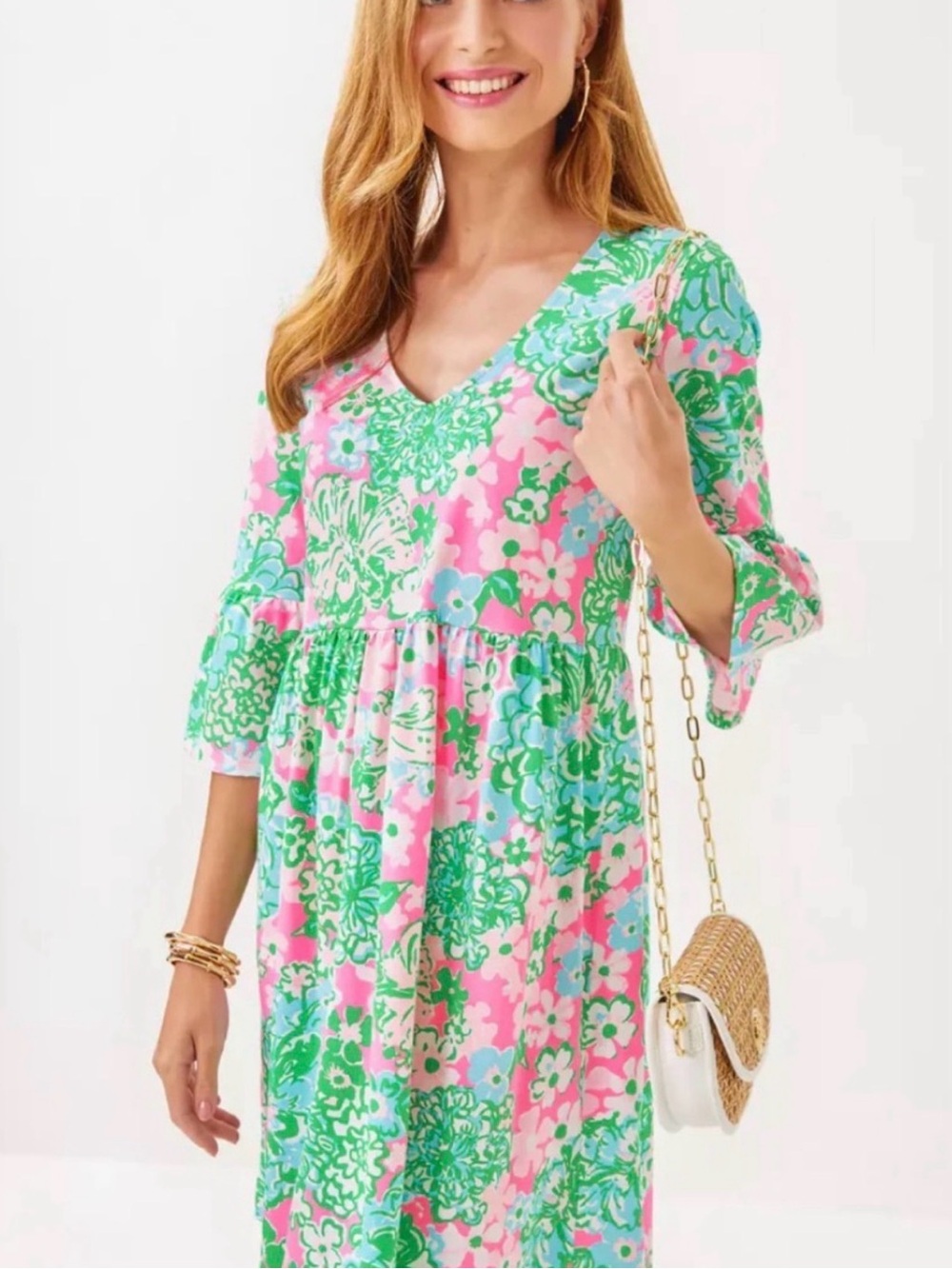 Lily Pulitzer Jannie Multi Plumes in Bloom V-Neck Dress in Pink & Green